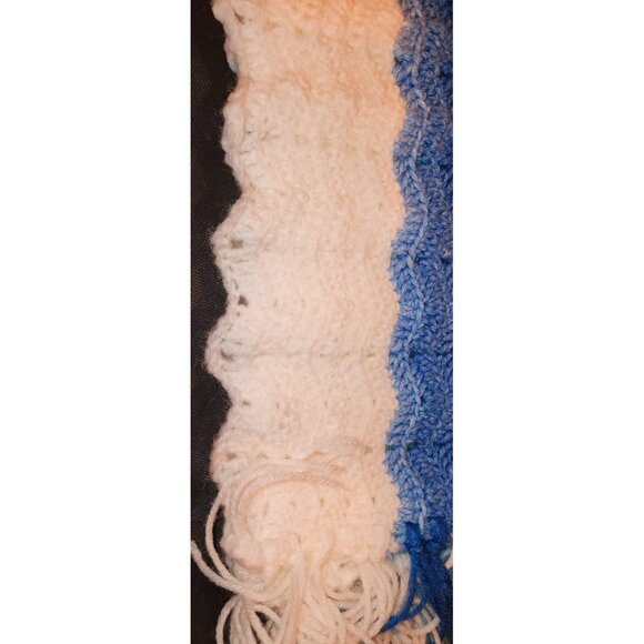 Handmade Crochet Blue White Striped Baby Blanket With Fringe NEW - Picture 6 of 8